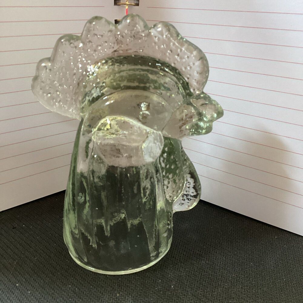 Vintage Glass Rooster Head Bottle Topper Clear Slight Green Cast 4”